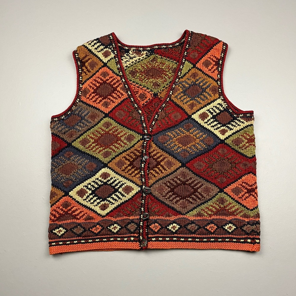 Handmade Knit Sweater Vest Womens M Multi Patchwork Diamond Geometric Vintage